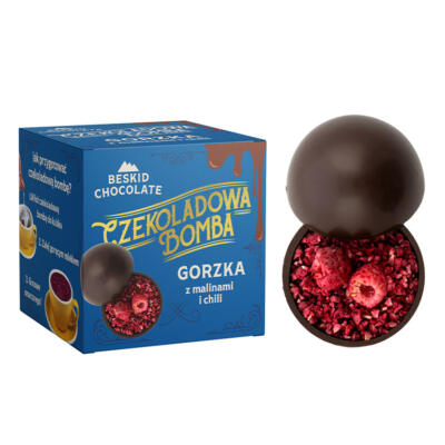 Dark Chocolate Bomb with raspberries and chilli