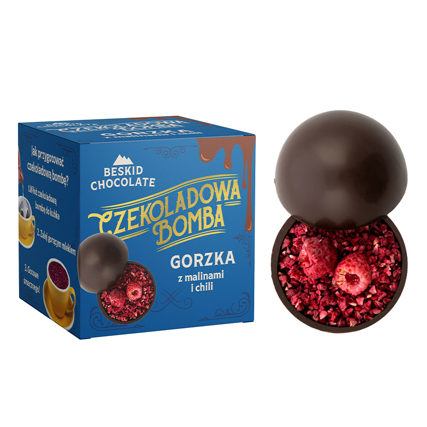 Dark Chocolate Bomb with raspberries and chilli - Beskid Chocolate EU